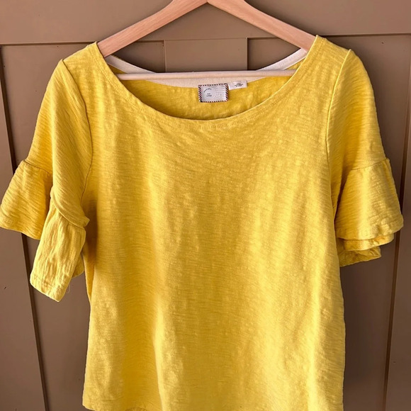 Anthropologie Postmark Sz L Mustard Yellow Christel Ruffled-Sleeve Top Cotton - Picture 3 of 8